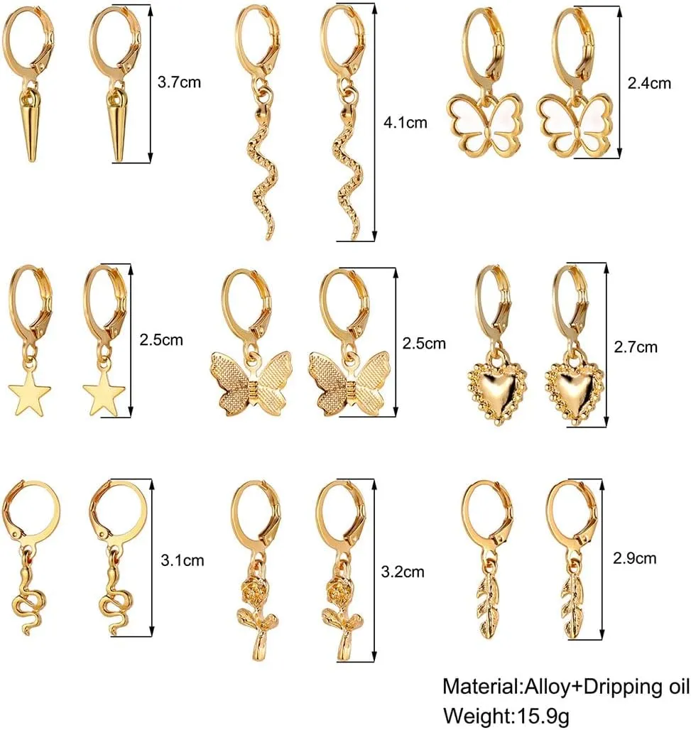 FUTIMELY 12 Pairs Gold Earrings Set for Women,Hypoallergenic Fashion Heart Butterfly Snake Pearl Link Drop Dangle Earrings Multipack Hoop Earring Jewelry (9pcs Earrings Set)