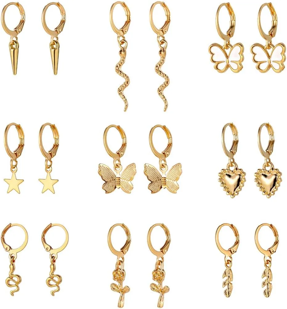 FUTIMELY 12 Pairs Gold Earrings Set for Women,Hypoallergenic Fashion Heart Butterfly Snake Pearl Link Drop Dangle Earrings Multipack Hoop Earring Jewelry (9pcs Earrings Set)
