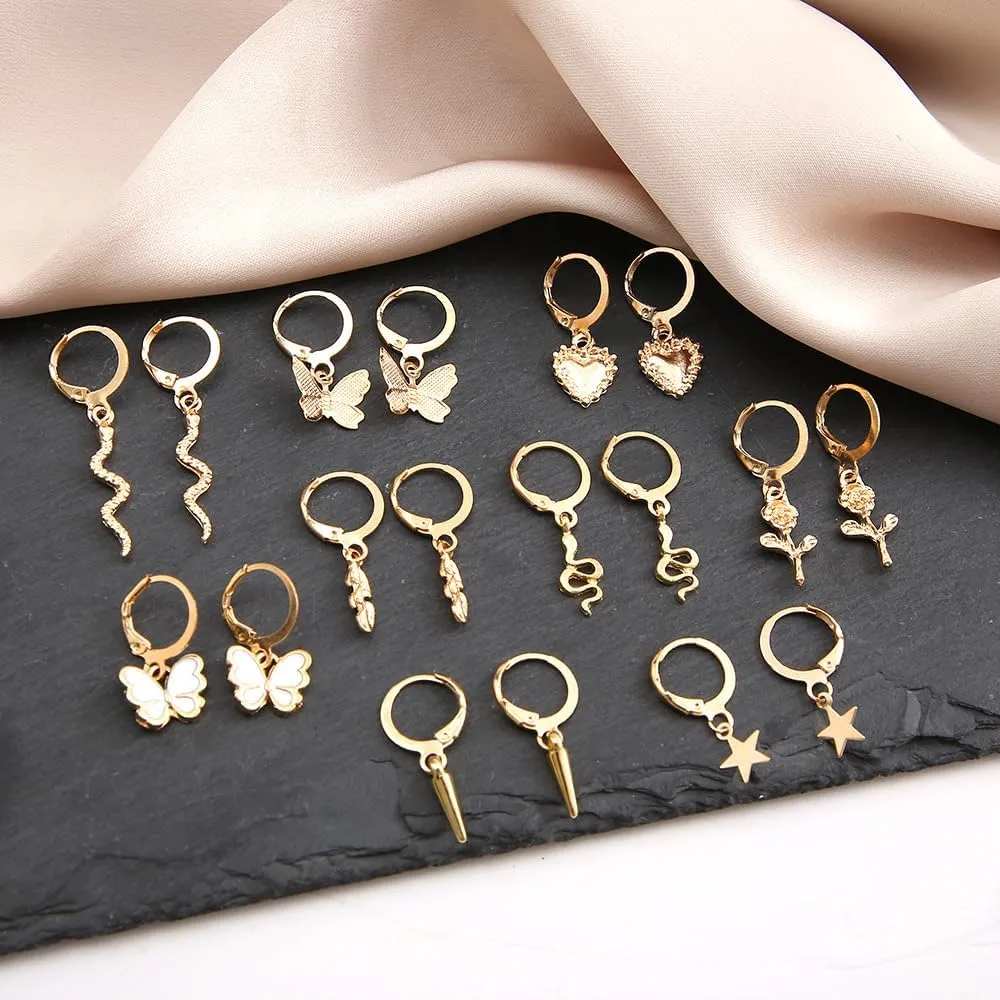 FUTIMELY 12 Pairs Gold Earrings Set for Women,Hypoallergenic Fashion Heart Butterfly Snake Pearl Link Drop Dangle Earrings Multipack Hoop Earring Jewelry (9pcs Earrings Set)