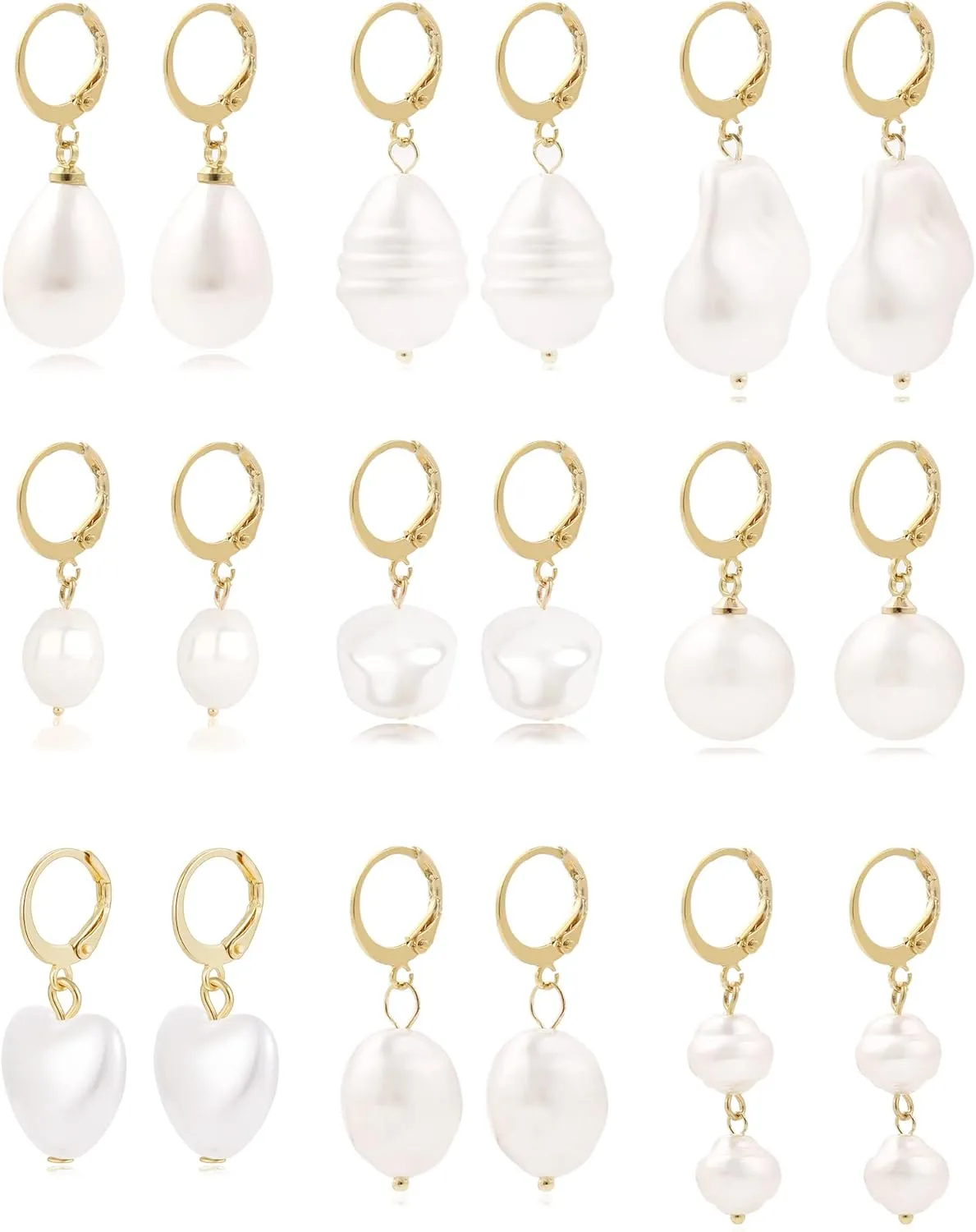 Fxqini 9 Pairs Simulated Pearl Drop Earrings Elegant Round Drop Heart Stainless Steel Sided Front Back Pearl Earrings Imitation Pearl Dangle Earrings For Women Gold Tone