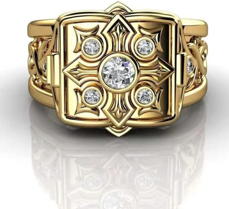 Ganquya 18K Yellow Gold Plated Men's Hip Hop Cubic Zirconia Chic Ring,Christian Cross Religious Signet Style Cuban Iced Out Jewelry Punk Storage Box Ring Statement Wedding Ring(12)