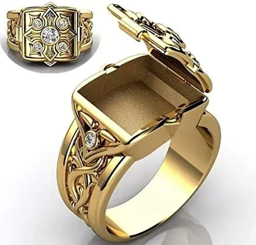Ganquya 18K Yellow Gold Plated Men's Hip Hop Cubic Zirconia Chic Ring,Christian Cross Religious Signet Style Cuban Iced Out Jewelry Punk Storage Box Ring Statement Wedding Ring(12)