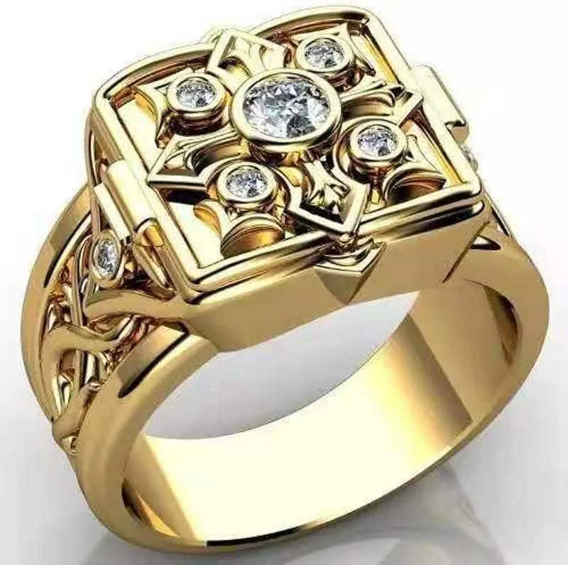Ganquya 18K Yellow Gold Plated Men's Hip Hop Cubic Zirconia Chic Ring,Christian Cross Religious Signet Style Cuban Iced Out Jewelry Punk Storage Box Ring Statement Wedding Ring(12)