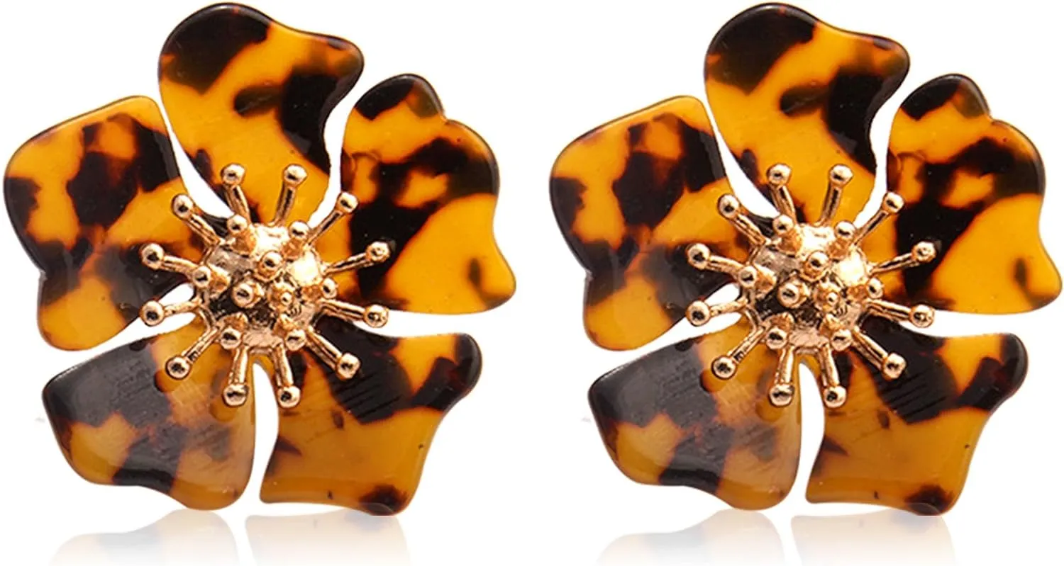 GBAHFY Unique Handmade Bohemian Large Resin Acrylic Flower Stud Earrings Dainty Elegant Flower Petal Dangle Drop Earrings for Women Statement Jewelry Gifts