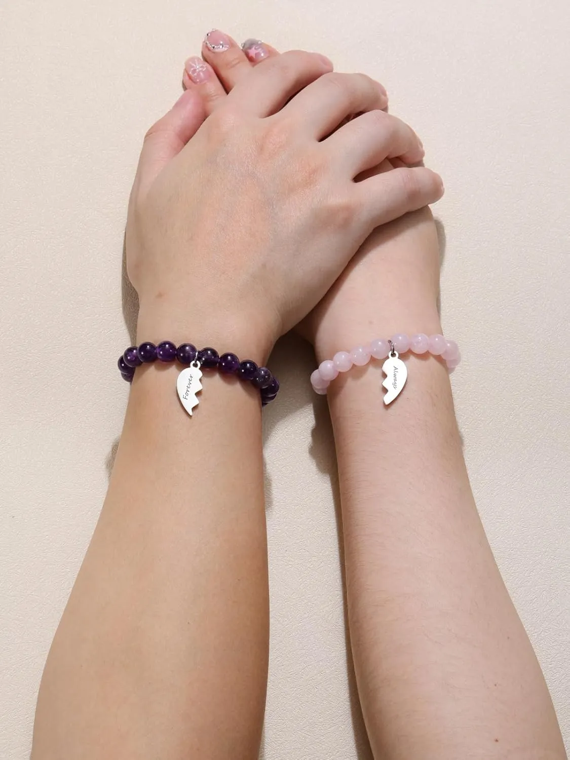GEHECSRT 2 PCS Friendship Bracelet with Engraving Heart Puzzle BFF Pendant Bead Bracelet 8 mm Gemstone Beads Bracelets Jewelry Gifts for Lover Family Mom Sister, Best Friends Forever Always(Style)