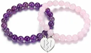 GEHECSRT 2 PCS Friendship Bracelet with Engraving Heart Puzzle BFF Pendant Bead Bracelet 8 mm Gemstone Beads Bracelets Jewelry Gifts for Lover Family Mom Sister, Best Friends Forever Always(Style)