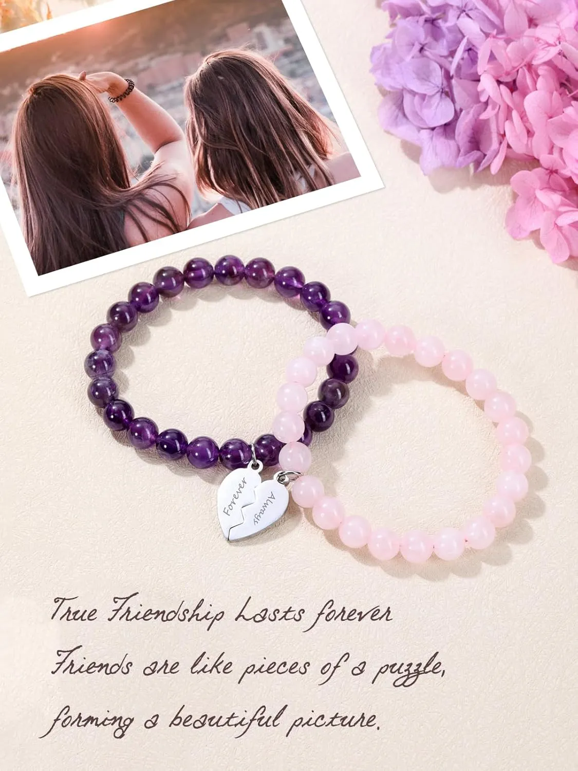 GEHECSRT 2 PCS Friendship Bracelet with Engraving Heart Puzzle BFF Pendant Bead Bracelet 8 mm Gemstone Beads Bracelets Jewelry Gifts for Lover Family Mom Sister, Best Friends Forever Always(Style)