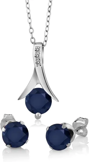 Gem Stone King 3.05 Cttw Blue Sapphire and White Diamond Pendant and Earrings Jewelry Set For Women | 925 Sterling Silver | 6MM Round | With 18 Inch Silver Chain