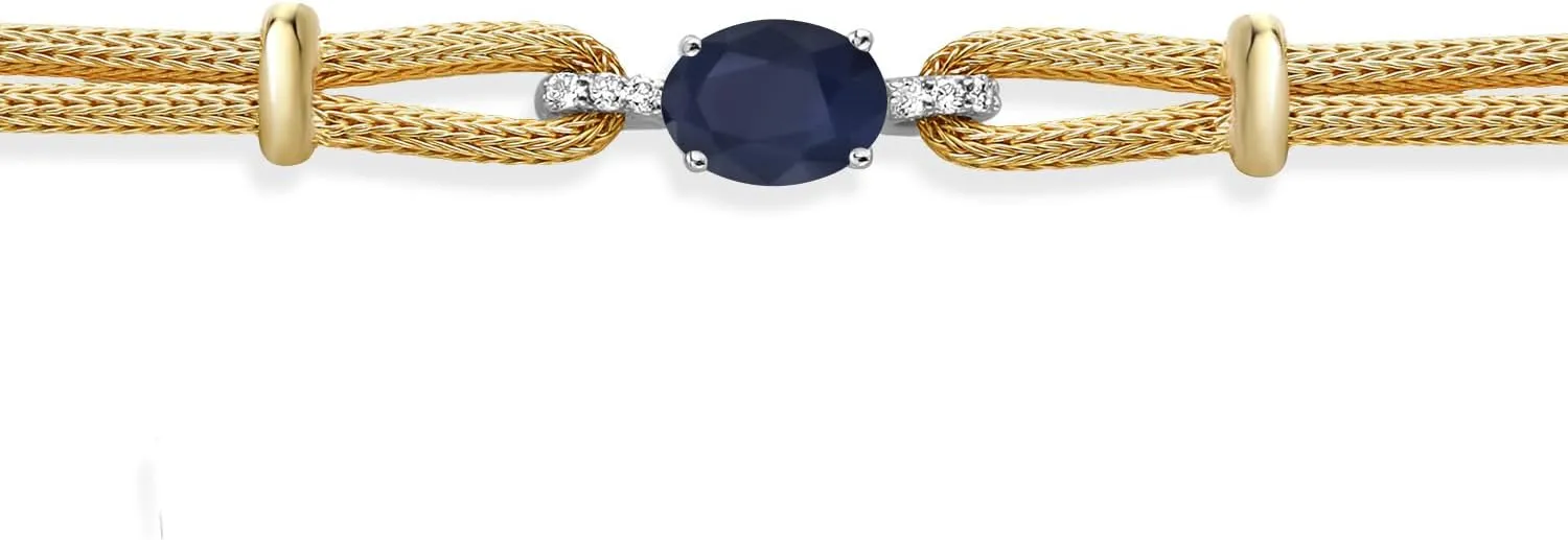 Gem Stone King 925 2 Tone Sterling Silver Blue Sapphire and White Lab Grown Diamond Bracelet For Women (1.84 Cttw, Gemstone Birthstone, Oval 8X6MM, 6.5/7/7.5 Inches, Made In Italy)