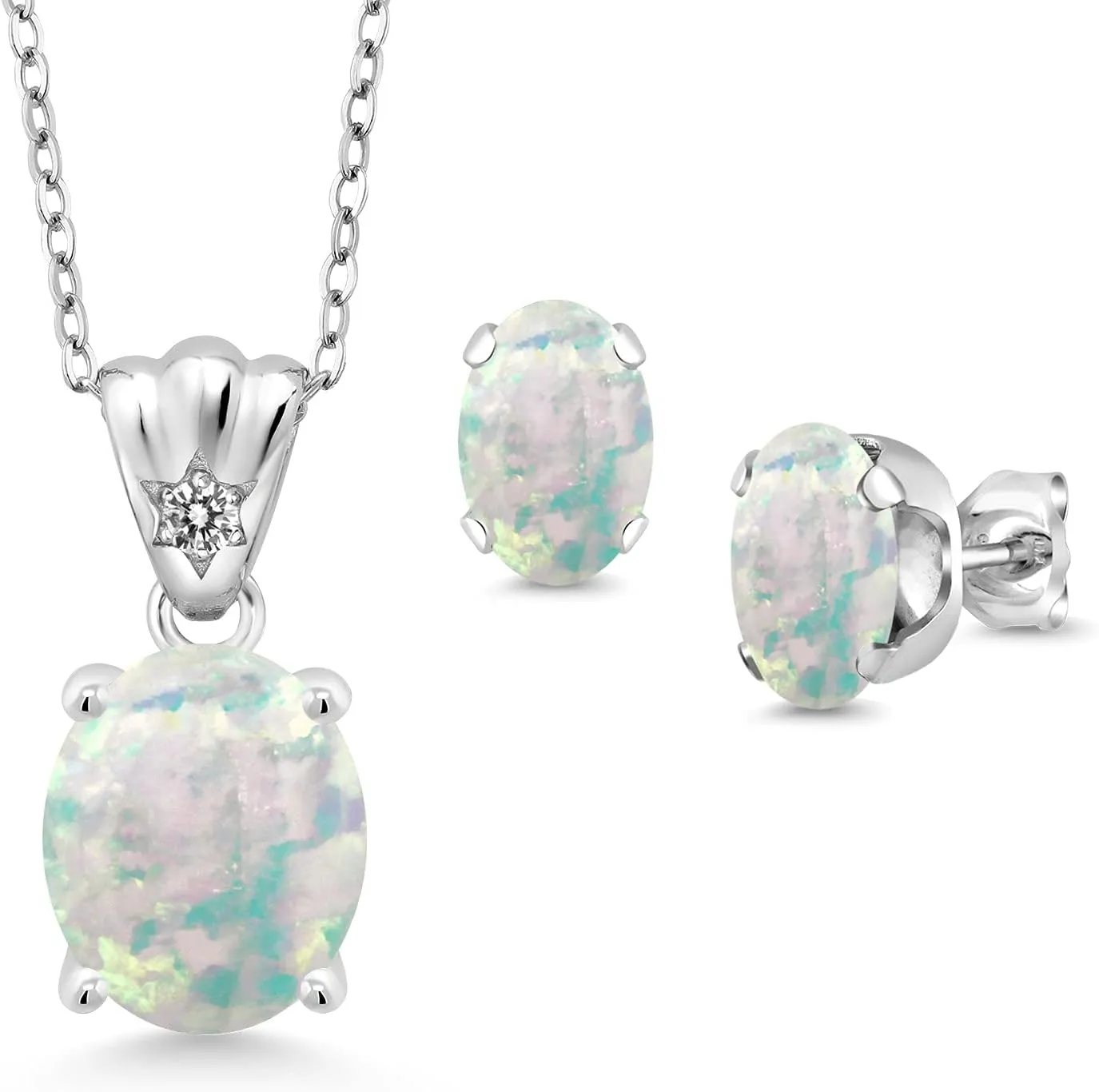 Gem Stone King 925 Sterling Silver White Opal and White Diamond Pendant and Earrings Jewelry Set For Women (4.03 Cttw, Gemstone Birthstone, Oval Cabochon 11X9MM and 8X6MM with 18 Inch Silver Chain)