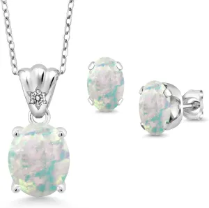 Gem Stone King 925 Sterling Silver White Opal and White Diamond Pendant and Earrings Jewelry Set For Women (4.03 Cttw, Gemstone Birthstone, Oval Cabochon 11X9MM and 8X6MM with 18 Inch Silver Chain)