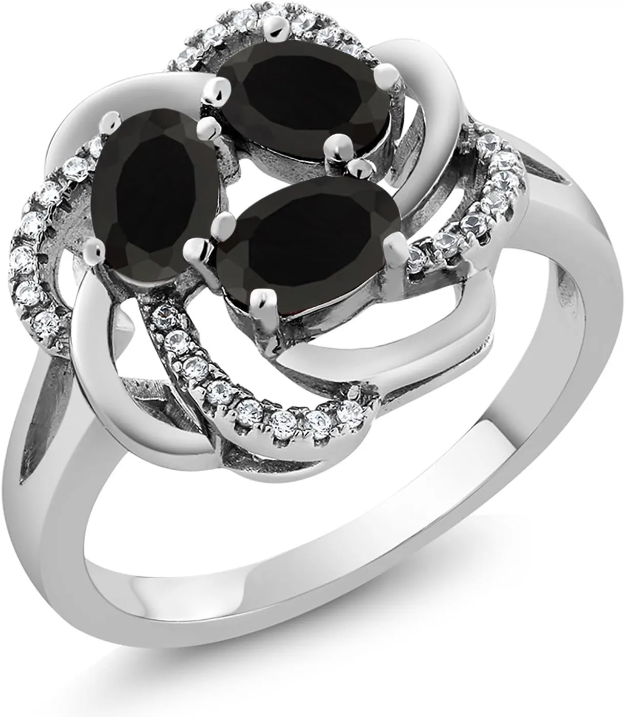 Gem Stone King Flower Blossom Gemstone Birthstone Ring in 925 Sterling Silver | 3-Stone Oval 6X4MM with Sparkling Accents | Wedding Anniversary Engagement Promise Ring for Women | Sizes 5-9