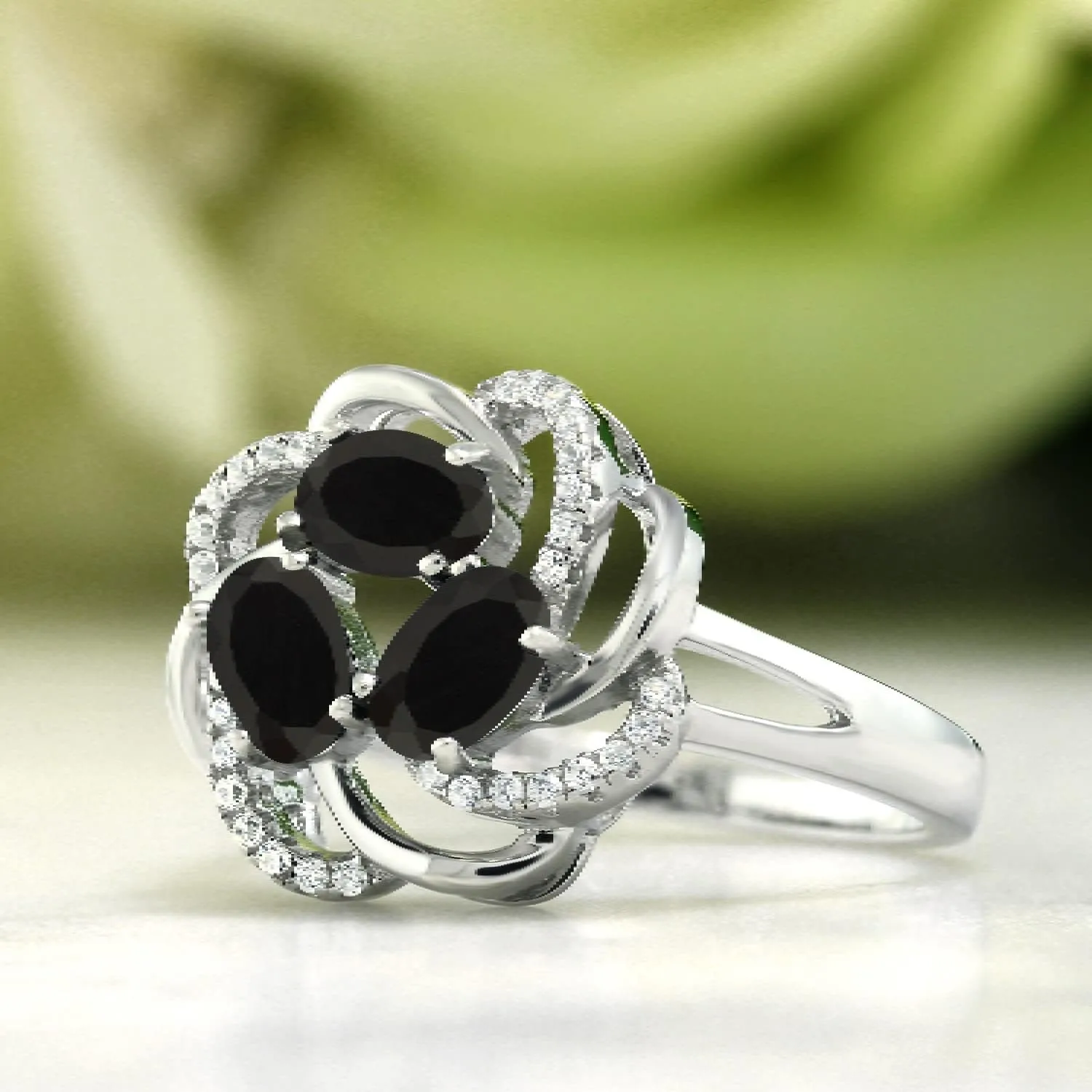 Gem Stone King Flower Blossom Gemstone Birthstone Ring in 925 Sterling Silver | 3-Stone Oval 6X4MM with Sparkling Accents | Wedding Anniversary Engagement Promise Ring for Women | Sizes 5-9