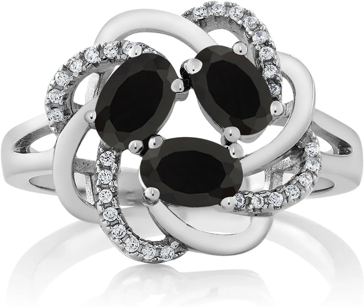 Gem Stone King Flower Blossom Gemstone Birthstone Ring in 925 Sterling Silver | 3-Stone Oval 6X4MM with Sparkling Accents | Wedding Anniversary Engagement Promise Ring for Women | Sizes 5-9