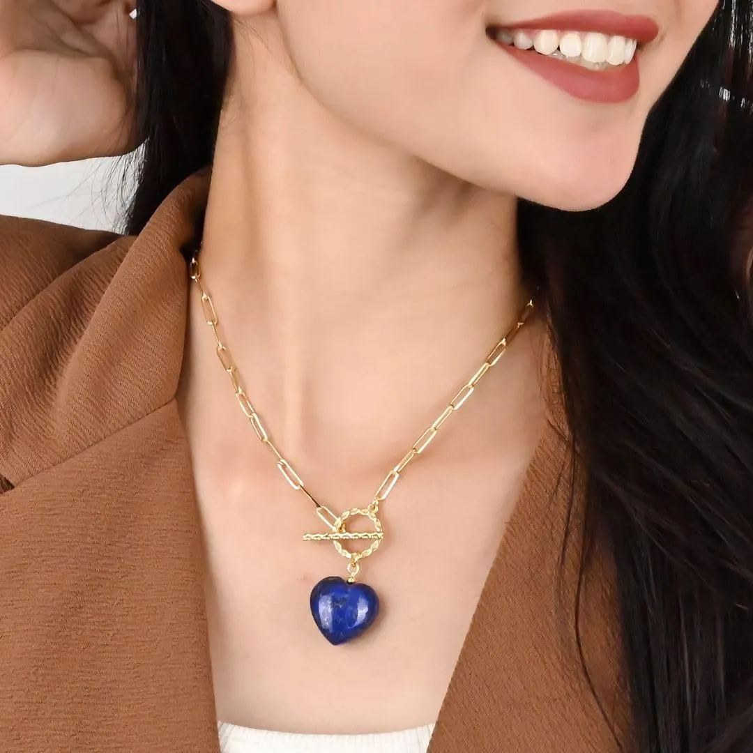 Gempires 20mm Gemstone Heart Pendant Necklace with Gold Paperclip Chain and Toggle Lock Stylish Dainty Jewelry for Women Gift for Mom Wife Girlfriend