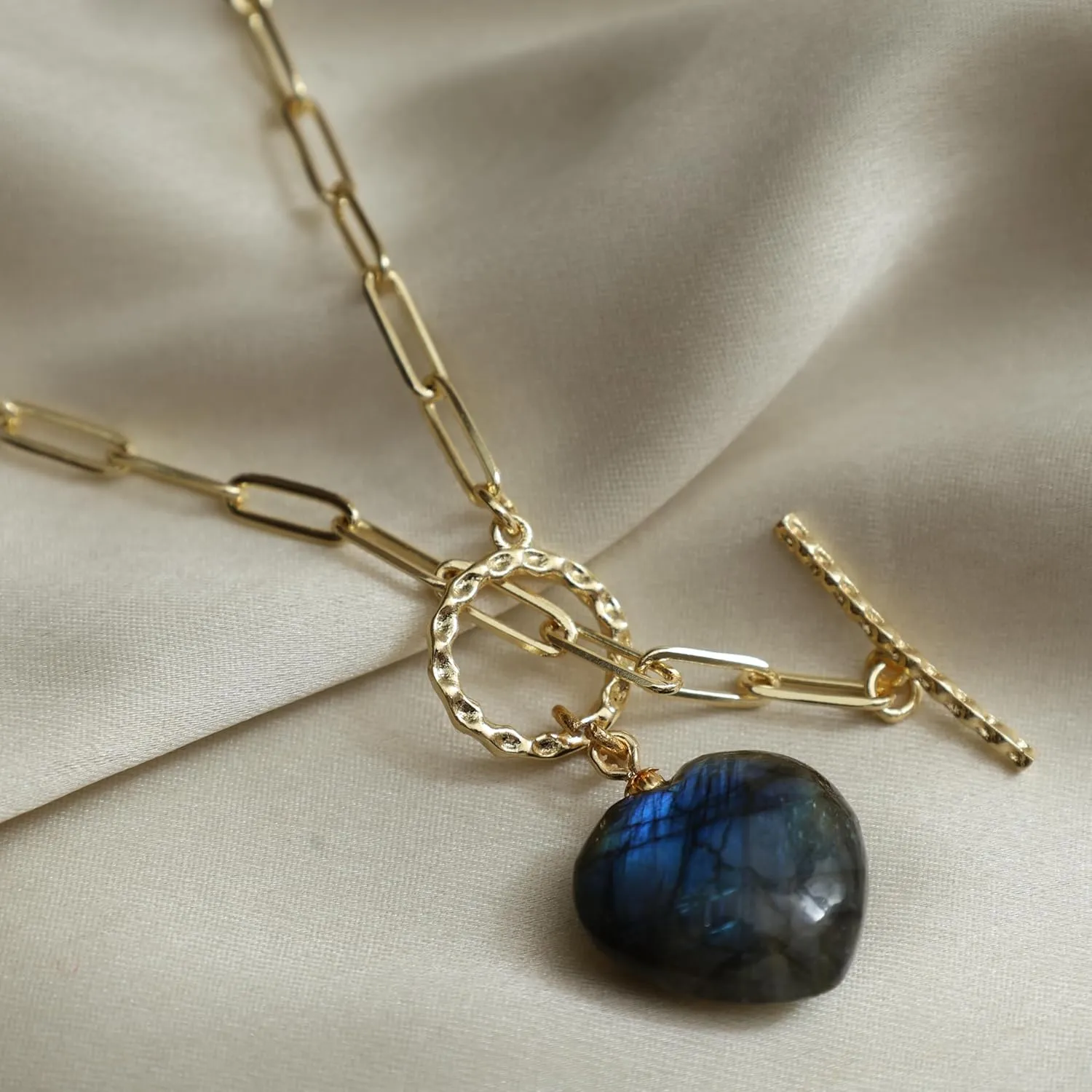Gempires 20mm Gemstone Heart Pendant Necklace with Gold Paperclip Chain and Toggle Lock Stylish Dainty Jewelry for Women Gift for Mom Wife Girlfriend
