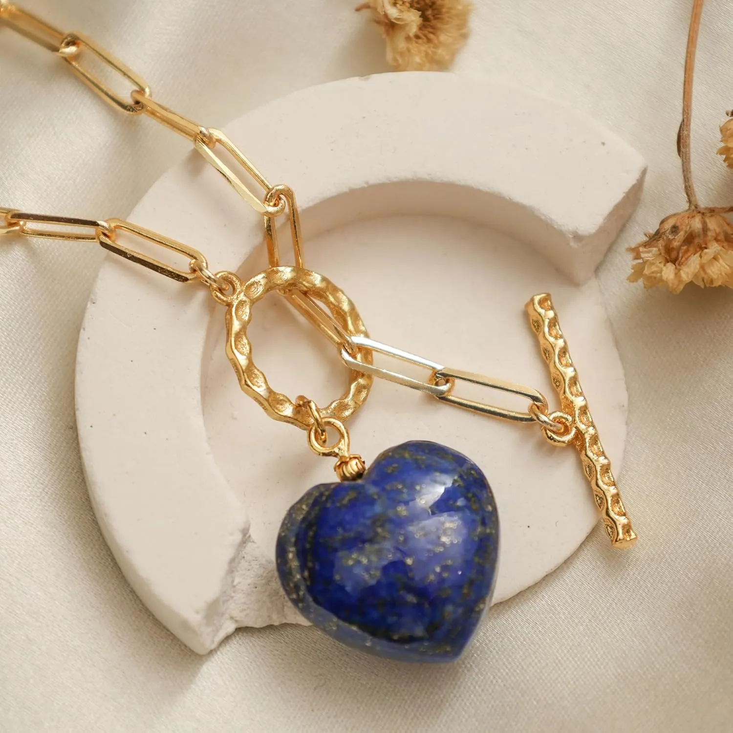 Gempires 20mm Gemstone Heart Pendant Necklace with Gold Paperclip Chain and Toggle Lock Stylish Dainty Jewelry for Women Gift for Mom Wife Girlfriend