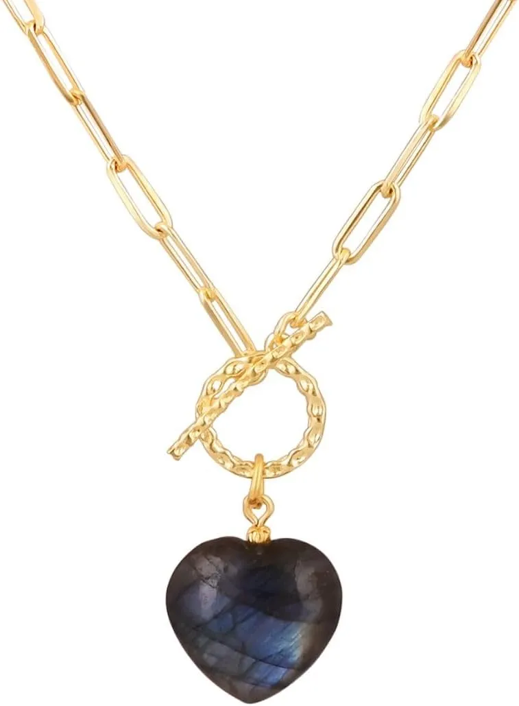 Gempires 20mm Gemstone Heart Pendant Necklace with Gold Paperclip Chain and Toggle Lock Stylish Dainty Jewelry for Women Gift for Mom Wife Girlfriend