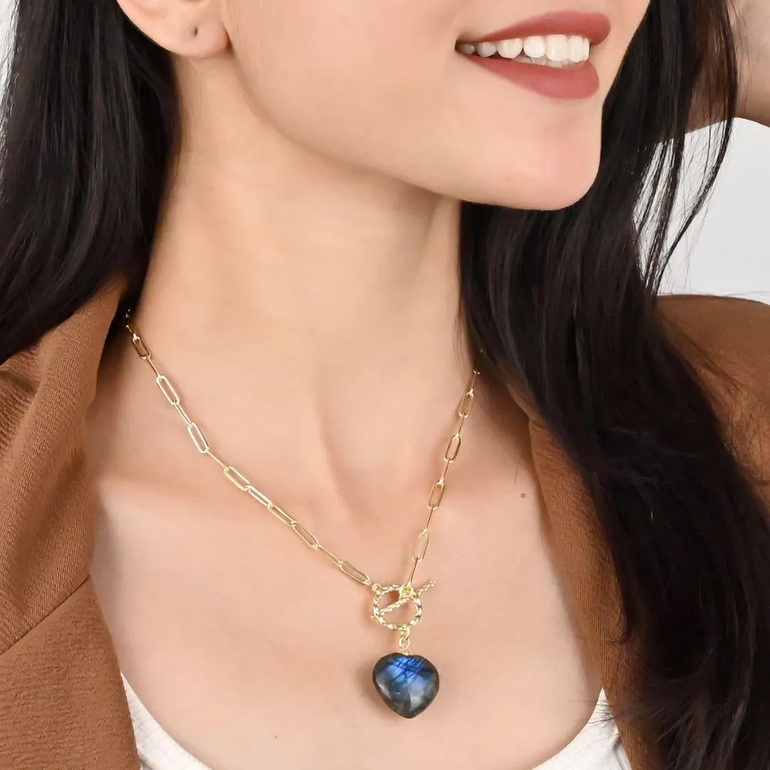 Gempires 20mm Gemstone Heart Pendant Necklace with Gold Paperclip Chain and Toggle Lock Stylish Dainty Jewelry for Women Gift for Mom Wife Girlfriend