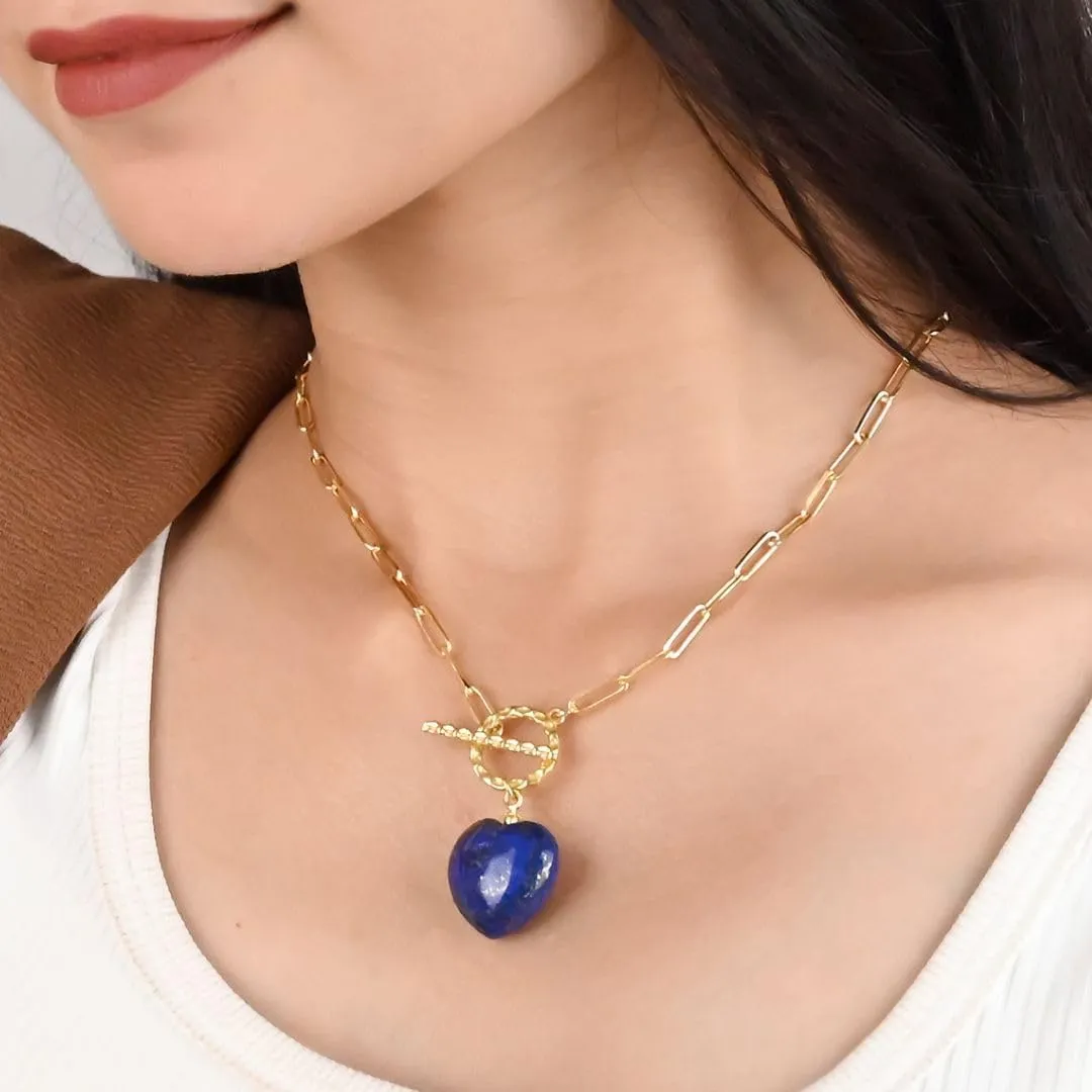 Gempires 20mm Gemstone Heart Pendant Necklace with Gold Paperclip Chain and Toggle Lock Stylish Dainty Jewelry for Women Gift for Mom Wife Girlfriend