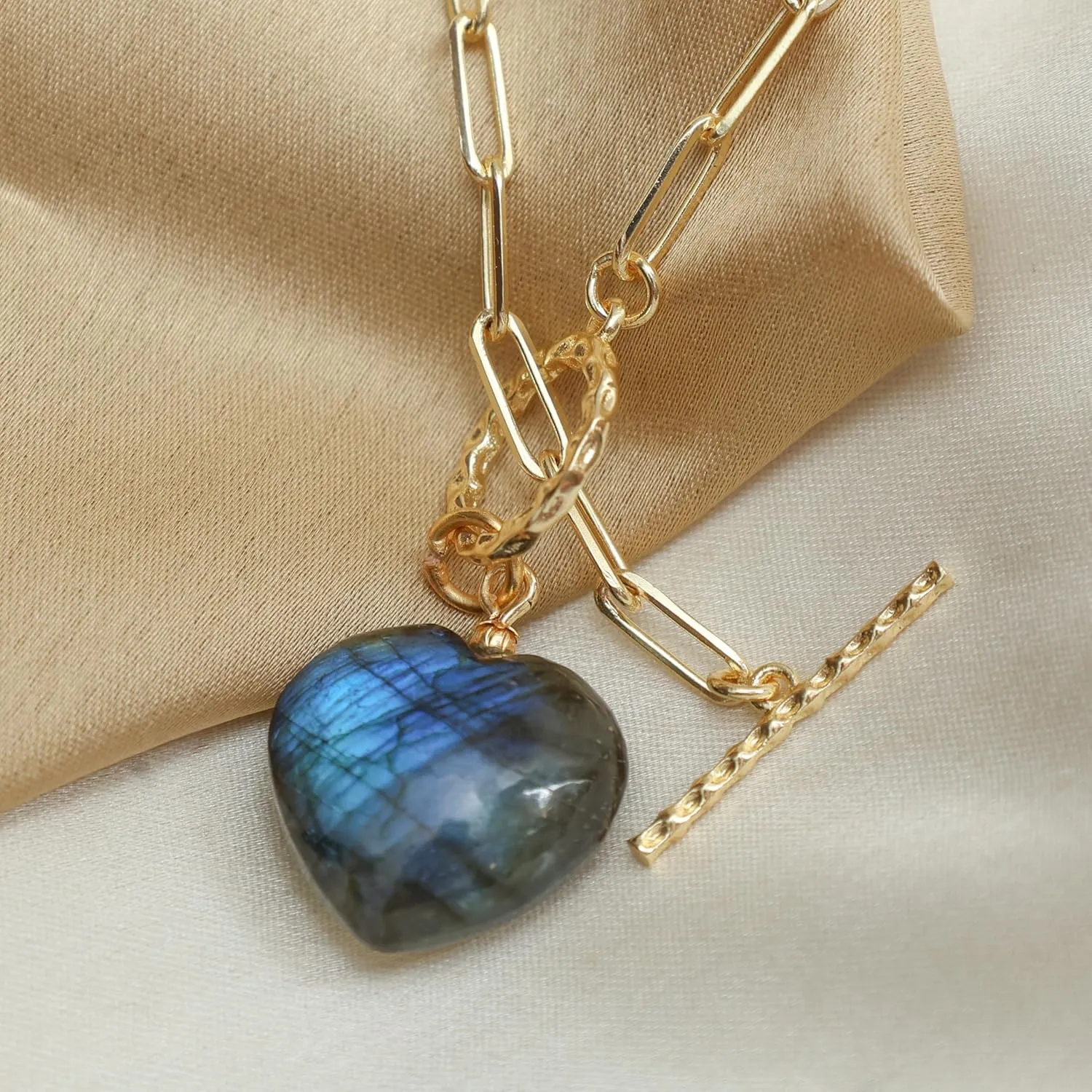 Gempires 20mm Gemstone Heart Pendant Necklace with Gold Paperclip Chain and Toggle Lock Stylish Dainty Jewelry for Women Gift for Mom Wife Girlfriend