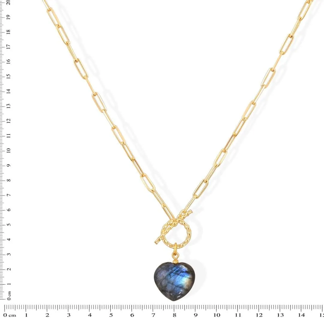 Gempires 20mm Gemstone Heart Pendant Necklace with Gold Paperclip Chain and Toggle Lock Stylish Dainty Jewelry for Women Gift for Mom Wife Girlfriend