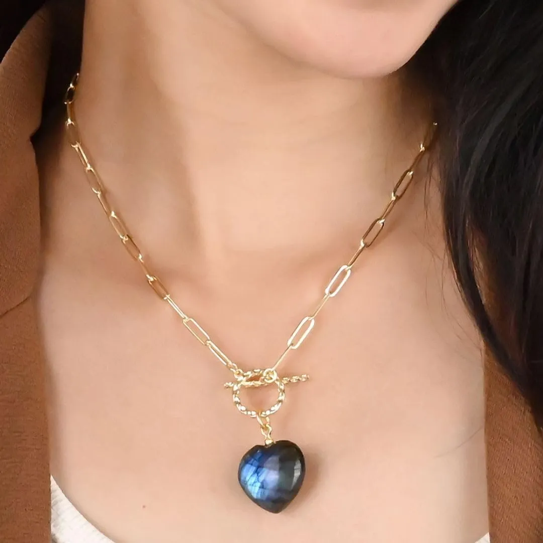 Gempires 20mm Gemstone Heart Pendant Necklace with Gold Paperclip Chain and Toggle Lock Stylish Dainty Jewelry for Women Gift for Mom Wife Girlfriend