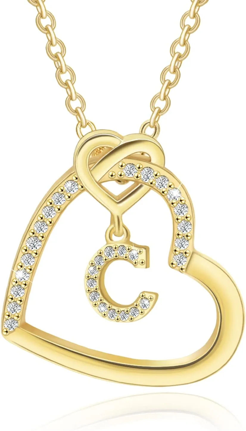 Generic Heart Initial Necklace for Women,14K Gold Plated Initial Necklace,Sterling Silver Initial Pendant Necklace,Cubic Zirconia Initial Necklace,Adjustable Letter Charm Necklace for Girls,Jan-NL-C
