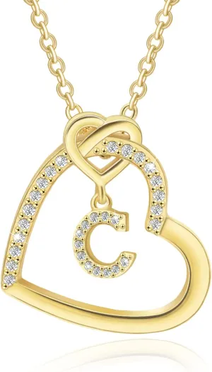 Generic Heart Initial Necklace for Women,14K Gold Plated Initial Necklace,Sterling Silver Initial Pendant Necklace,Cubic Zirconia Initial Necklace,Adjustable Letter Charm Necklace for Girls,Jan-NL-C