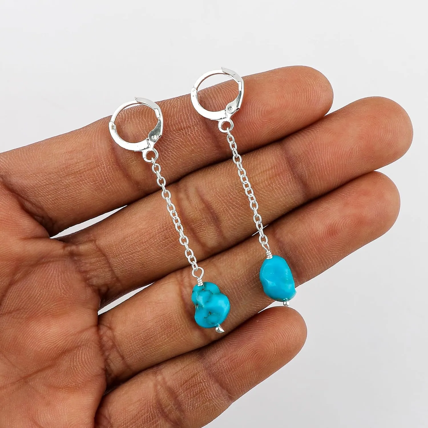 Genuine Turquoise Gemstone Tumble Hoop Earrings  Dainty Handmade Boho Jewelry for Women, Minimalist Silver Earrings, Lightweight & Elegant Gift for Her