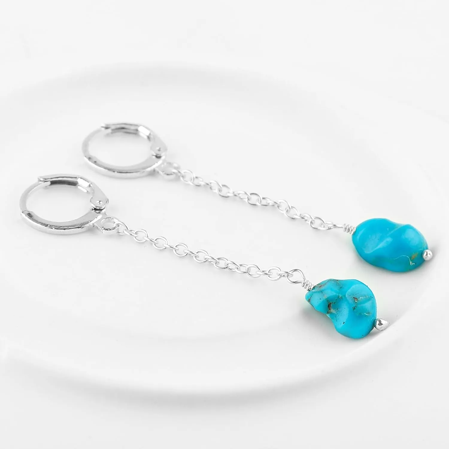 Genuine Turquoise Gemstone Tumble Hoop Earrings  Dainty Handmade Boho Jewelry for Women, Minimalist Silver Earrings, Lightweight & Elegant Gift for Her
