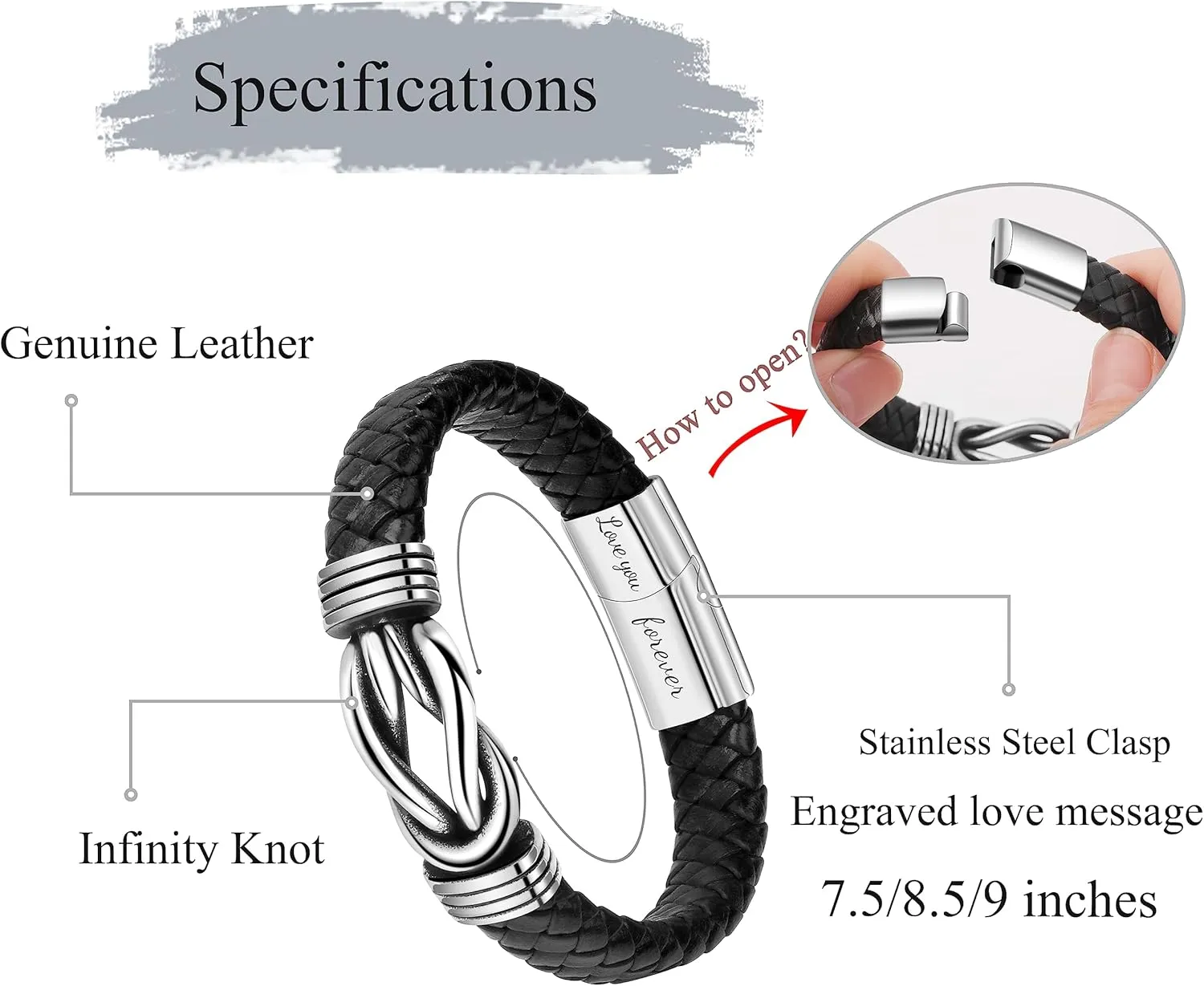 Gift for Men Black Braided Leather Infinity Bracelet for Men Dad Husband Boyfriend Son Grandson Brother Nephew Uncle Forever Linked Together Stainless Steel Engraved with Love You Forever Jewelry 7.5|8.5|9 Inches