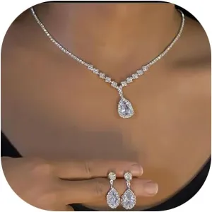 GIGB PBDK Rhinestone Bridal Necklace Earrings Sets for Women Teardrop Crystal Pendant Statement Choker Minimalist Jewelry Bridesmaid Wedding Accessories