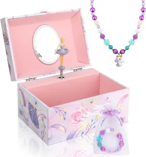 Girls' Musical Jewelry Box Organizer with Jewelry Set - Pink Purple Spinning Ballerina Theme, Swan Lake Tune - Jewelry Storage and Music Box for Girls