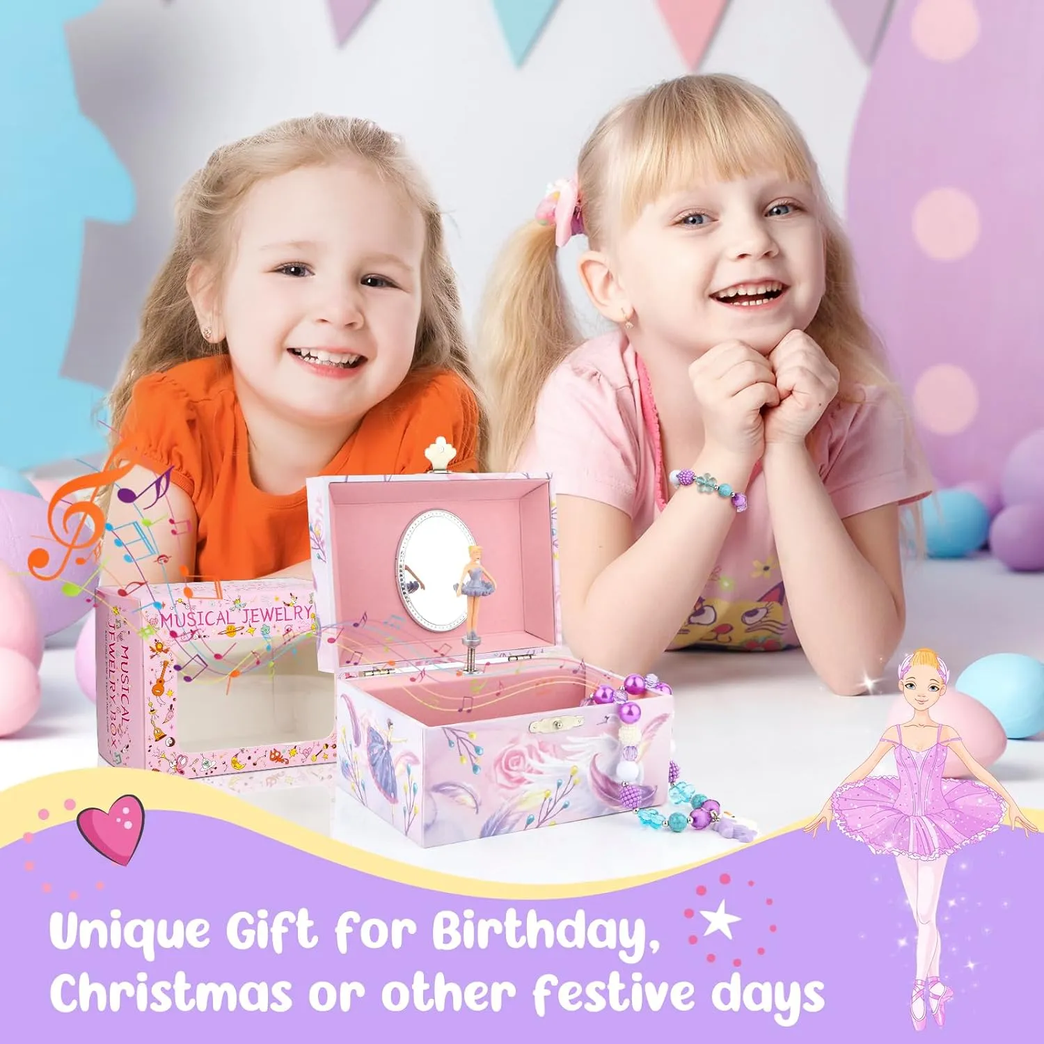 Girls' Musical Jewelry Box Organizer with Jewelry Set - Pink Purple Spinning Ballerina Theme, Swan Lake Tune - Jewelry Storage and Music Box for Girls