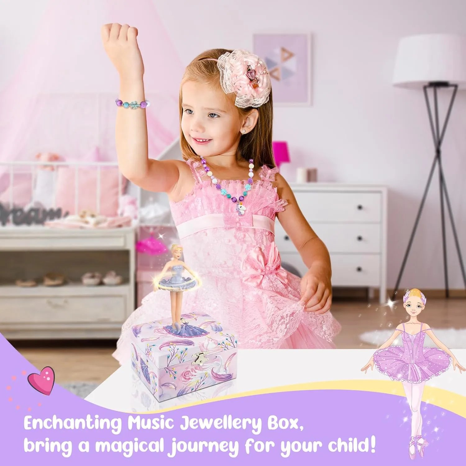 Girls' Musical Jewelry Box Organizer with Jewelry Set - Pink Purple Spinning Ballerina Theme, Swan Lake Tune - Jewelry Storage and Music Box for Girls