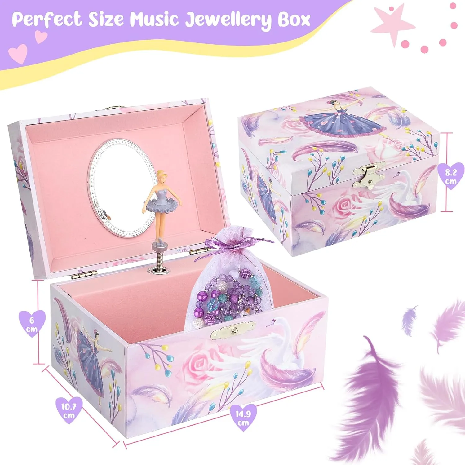 Girls' Musical Jewelry Box Organizer with Jewelry Set - Pink Purple Spinning Ballerina Theme, Swan Lake Tune - Jewelry Storage and Music Box for Girls