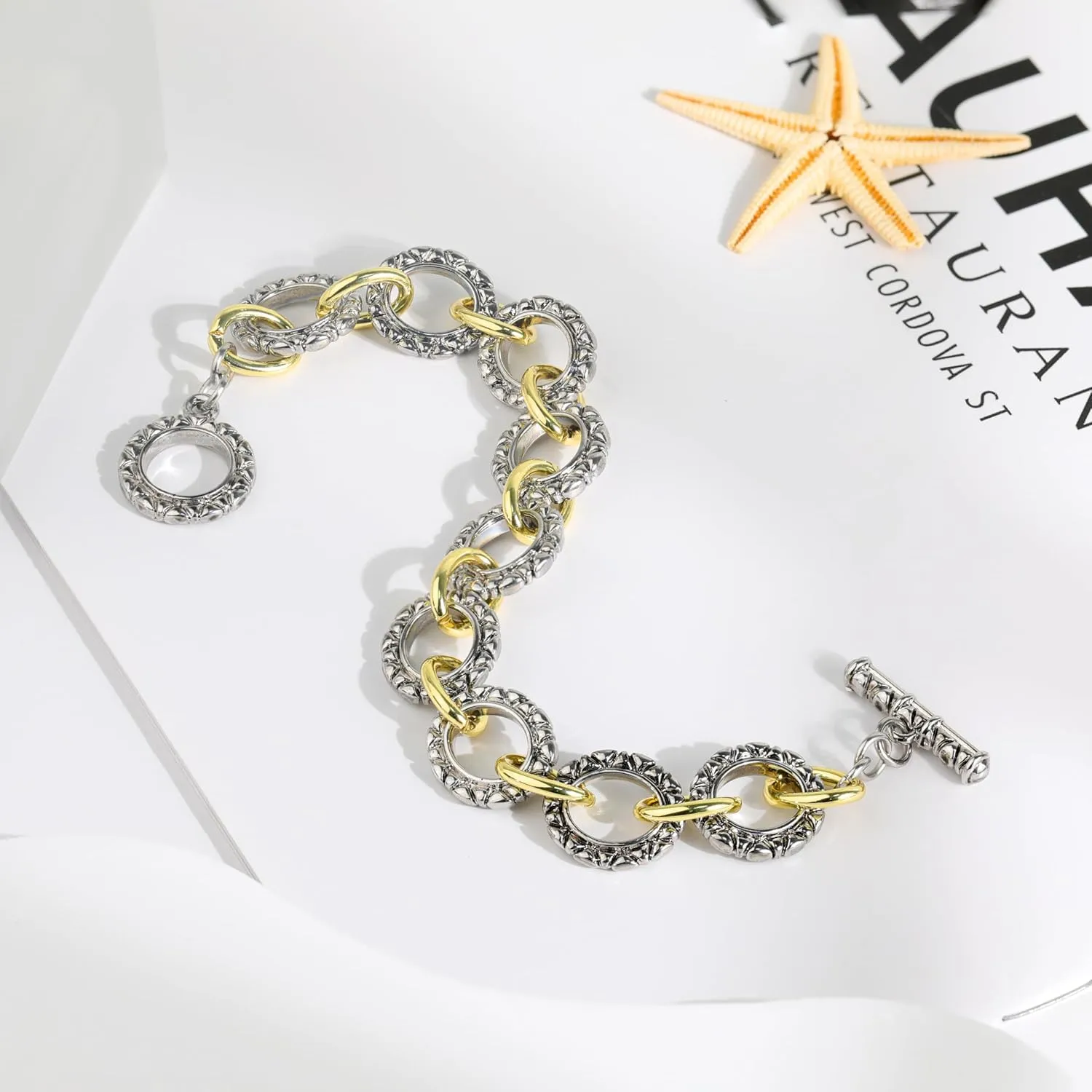 Gold and Silver Cable Chain Bracelet, Fashion Vintage Two Tone Chain Link Designer Dupes Mixed Metal Jewelry for Women