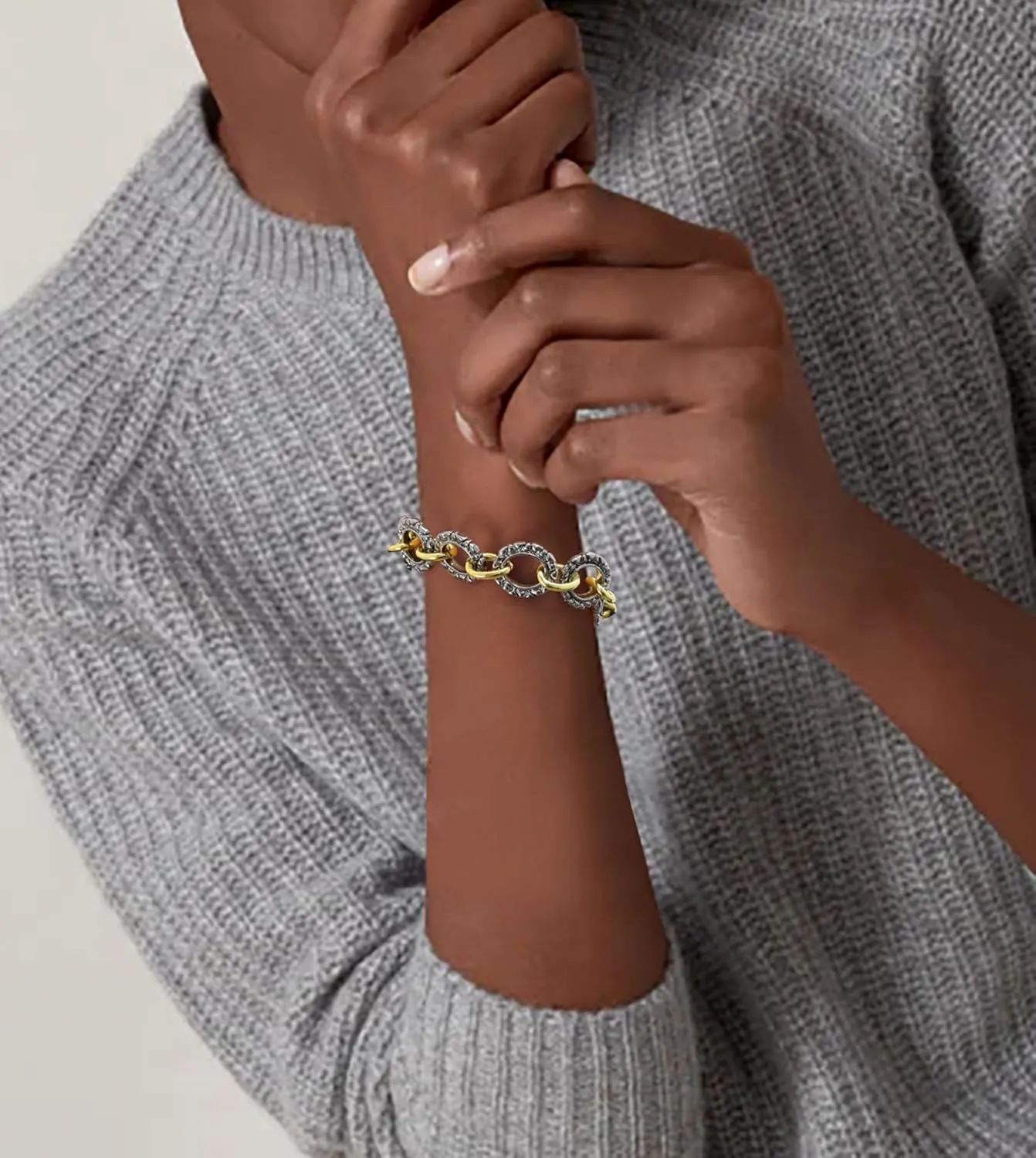 Gold and Silver Cable Chain Bracelet, Fashion Vintage Two Tone Chain Link Designer Dupes Mixed Metal Jewelry for Women