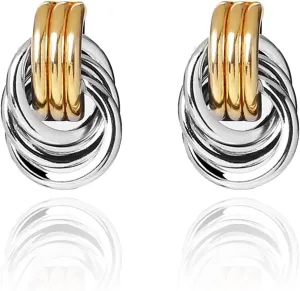 Gold and Silver Two Tone Knot Earrings for Women Gold Statement Earrings Elegant Chunky Double Hoop Earrings Mixed Metal Fashion Dangle Geometric Drop Earrings