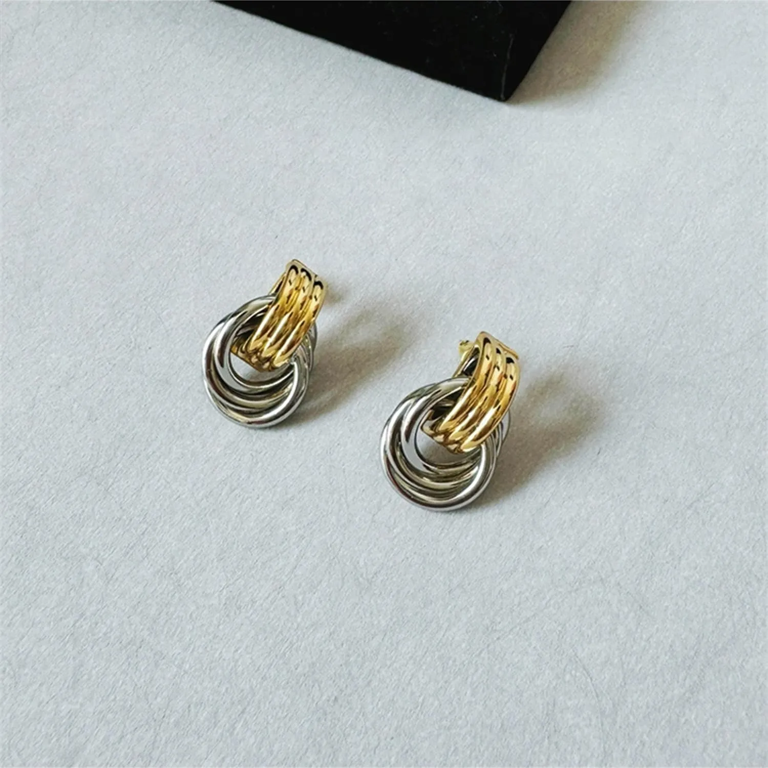 Gold and Silver Two Tone Knot Earrings for Women Gold Statement Earrings Elegant Chunky Double Hoop Earrings Mixed Metal Fashion Dangle Geometric Drop Earrings
