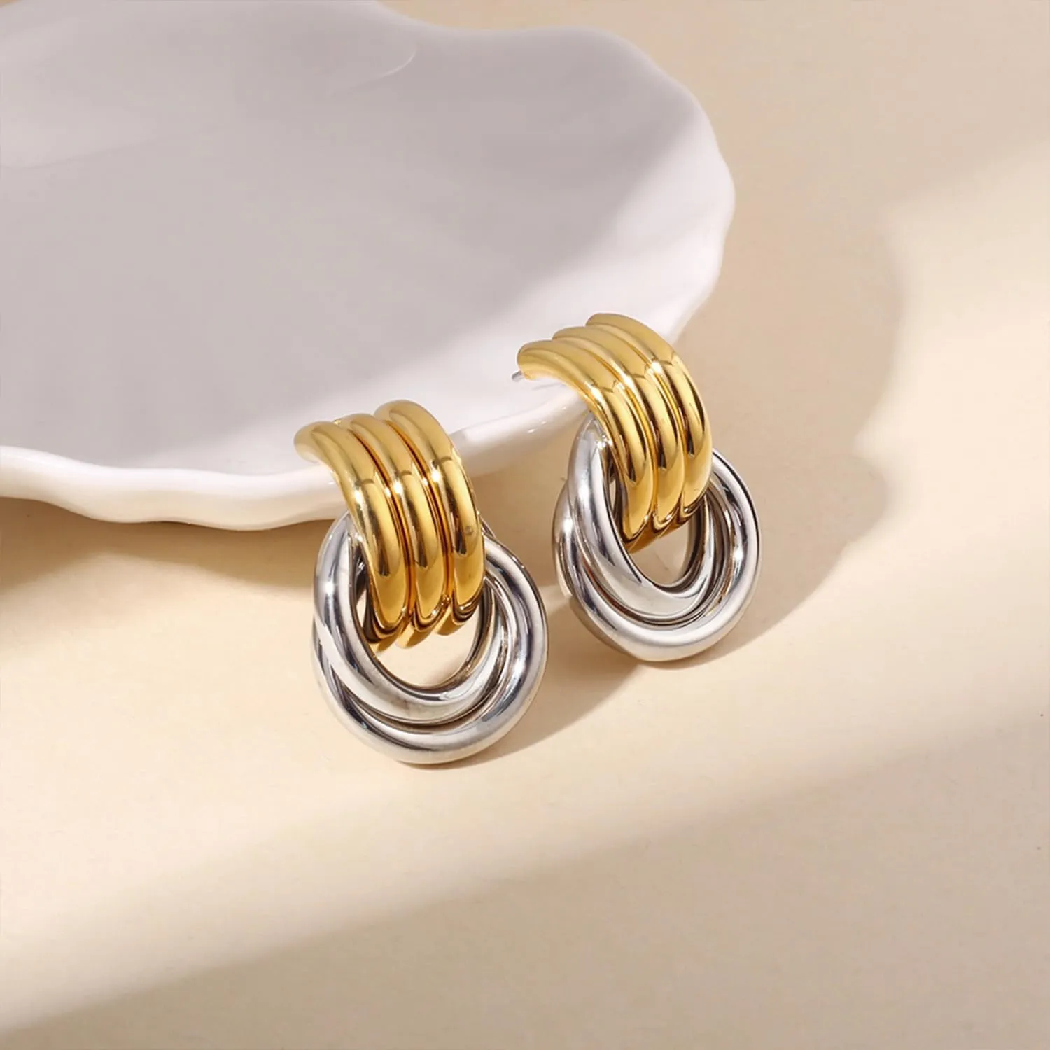 Gold and Silver Two Tone Knot Earrings for Women Gold Statement Earrings Elegant Chunky Double Hoop Earrings Mixed Metal Fashion Dangle Geometric Drop Earrings