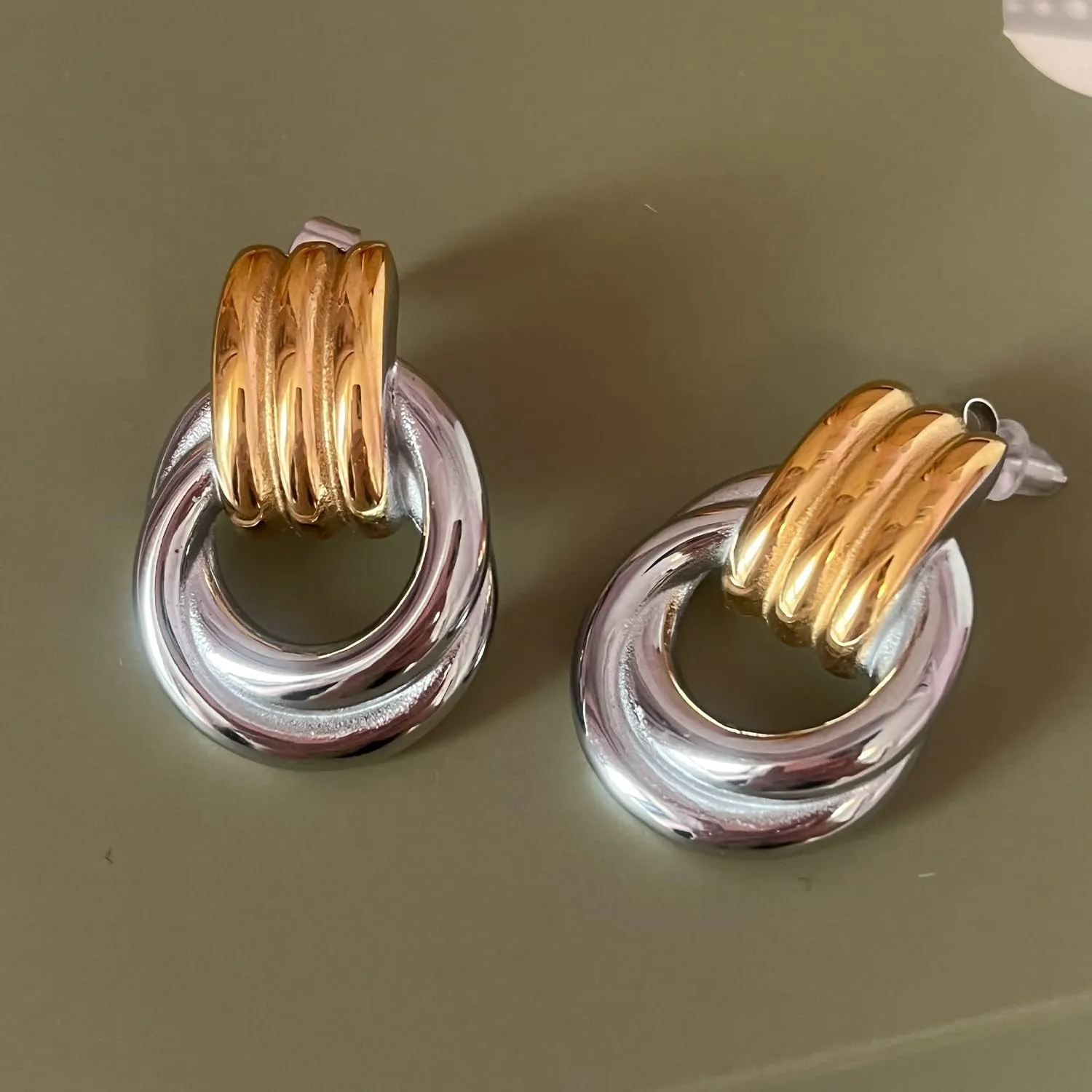 Gold and Silver Two Tone Knot Earrings for Women Gold Statement Earrings Elegant Chunky Double Hoop Earrings Mixed Metal Fashion Dangle Geometric Drop Earrings