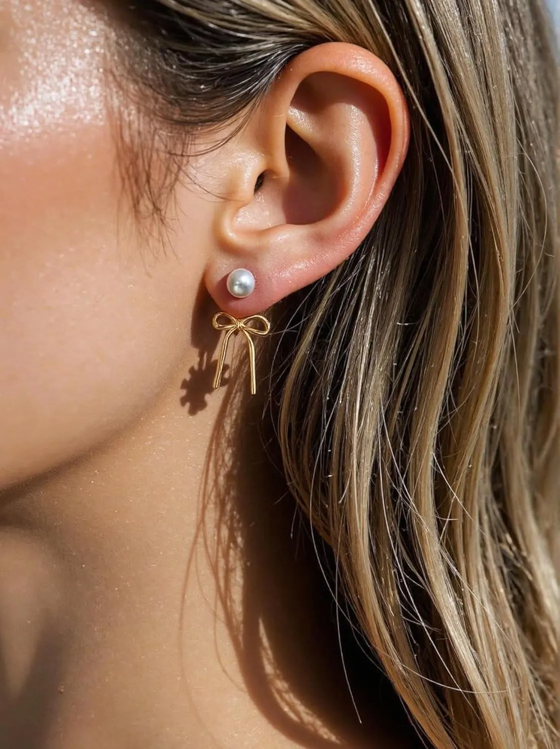 Gold Bow Earrings for Women, Long Tassel Chain Drop Earrings, Trendy Small Bow Earrings, Ribbon Waterfall Dangling Earrings, Pearl Bow Earrings, Sparkly Elegant Bowknot Preppy Jewelry Gifts for Women