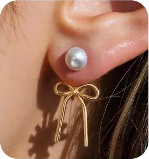 Gold Bow Earrings for Women, Long Tassel Chain Drop Earrings, Trendy Small Bow Earrings, Ribbon Waterfall Dangling Earrings, Pearl Bow Earrings, Sparkly Elegant Bowknot Preppy Jewelry Gifts for Women