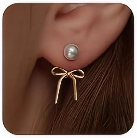 Gold Bow Earrings for Women, Long Tassel Chain Drop Earrings, Trendy Small Bow Earrings, Ribbon Waterfall Dangling Earrings, Pearl Bow Earrings, Sparkly Elegant Bowknot Preppy Jewelry Gifts for Women