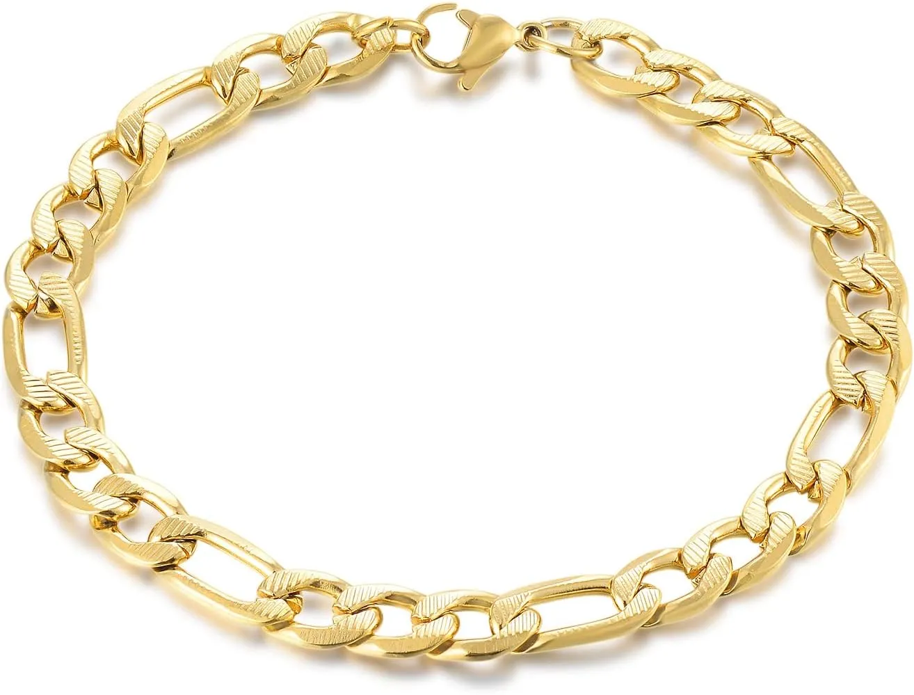 Gold Color Thin Figaro Bracelet for Men and Women, Stainless Steel Link Chain Bangle Bracelet, 8.27 inch Classic Stylish Lobster Claw Clasp
