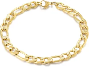 Gold Color Thin Figaro Bracelet for Men and Women, Stainless Steel Link Chain Bangle Bracelet, 8.27 inch Classic Stylish Lobster Claw Clasp