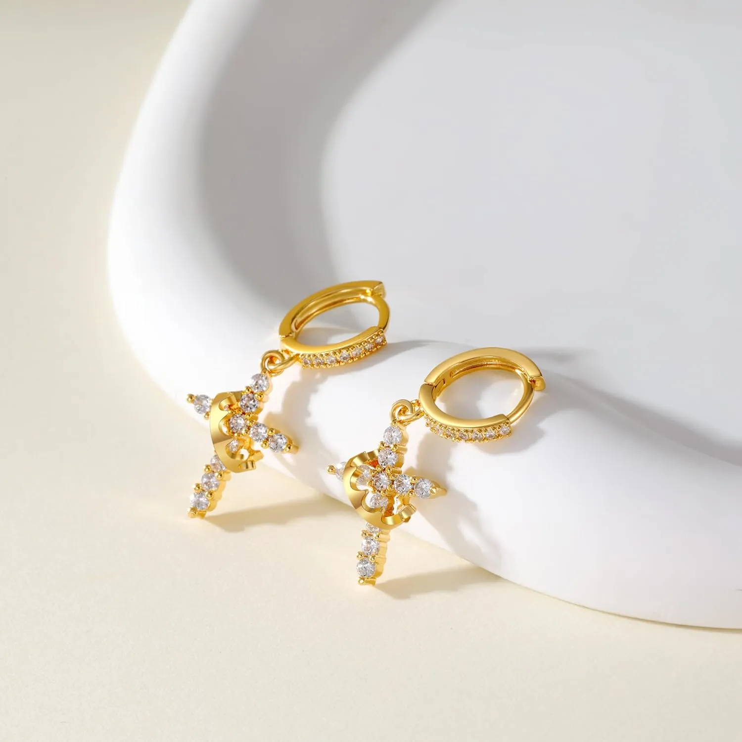 Gold Cross Dangle Earrings for Women  Small Christian Religious Hoop Earrings with Jesus & Crown Design  Elegant 18K Gold Plated Huggie Earrings for Faith Jewelry Lovers