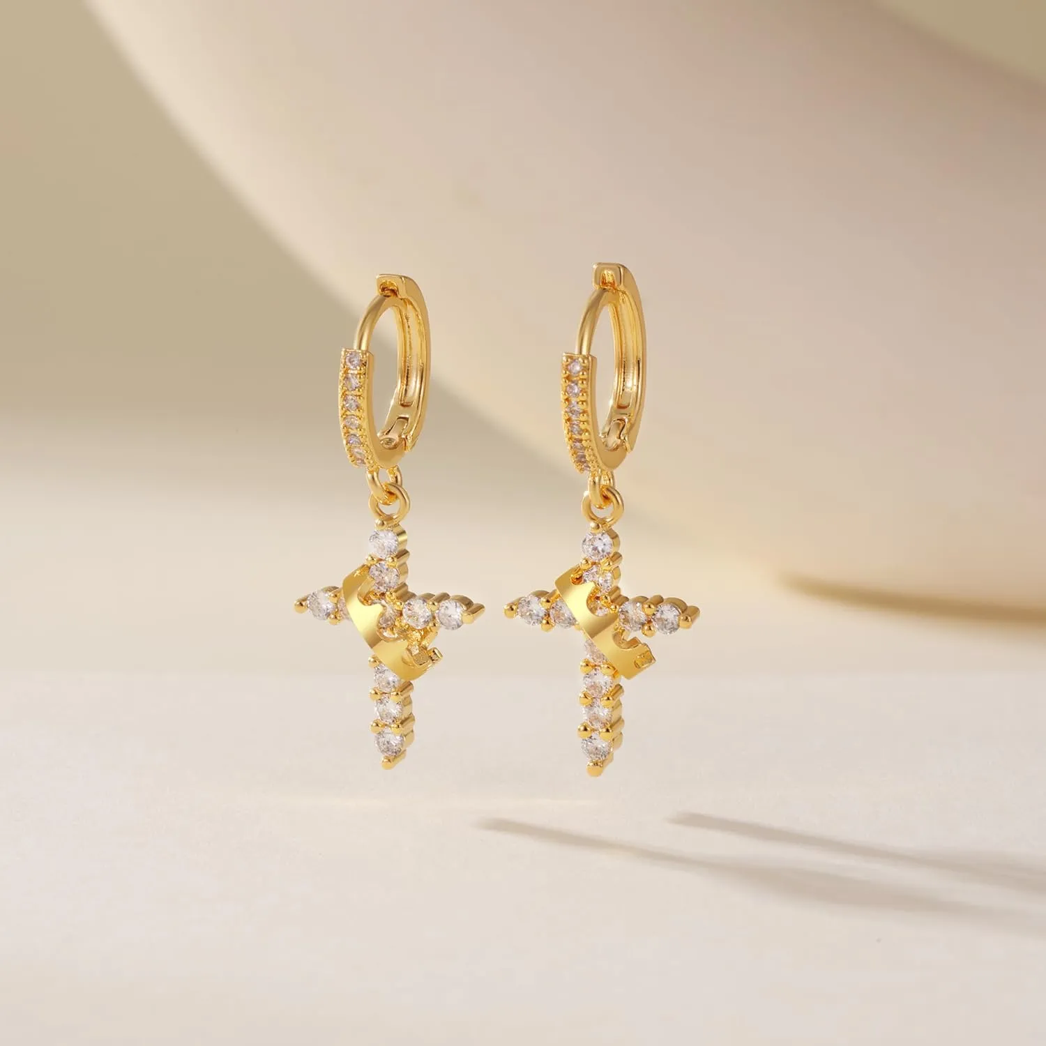 Gold Cross Dangle Earrings for Women  Small Christian Religious Hoop Earrings with Jesus & Crown Design  Elegant 18K Gold Plated Huggie Earrings for Faith Jewelry Lovers